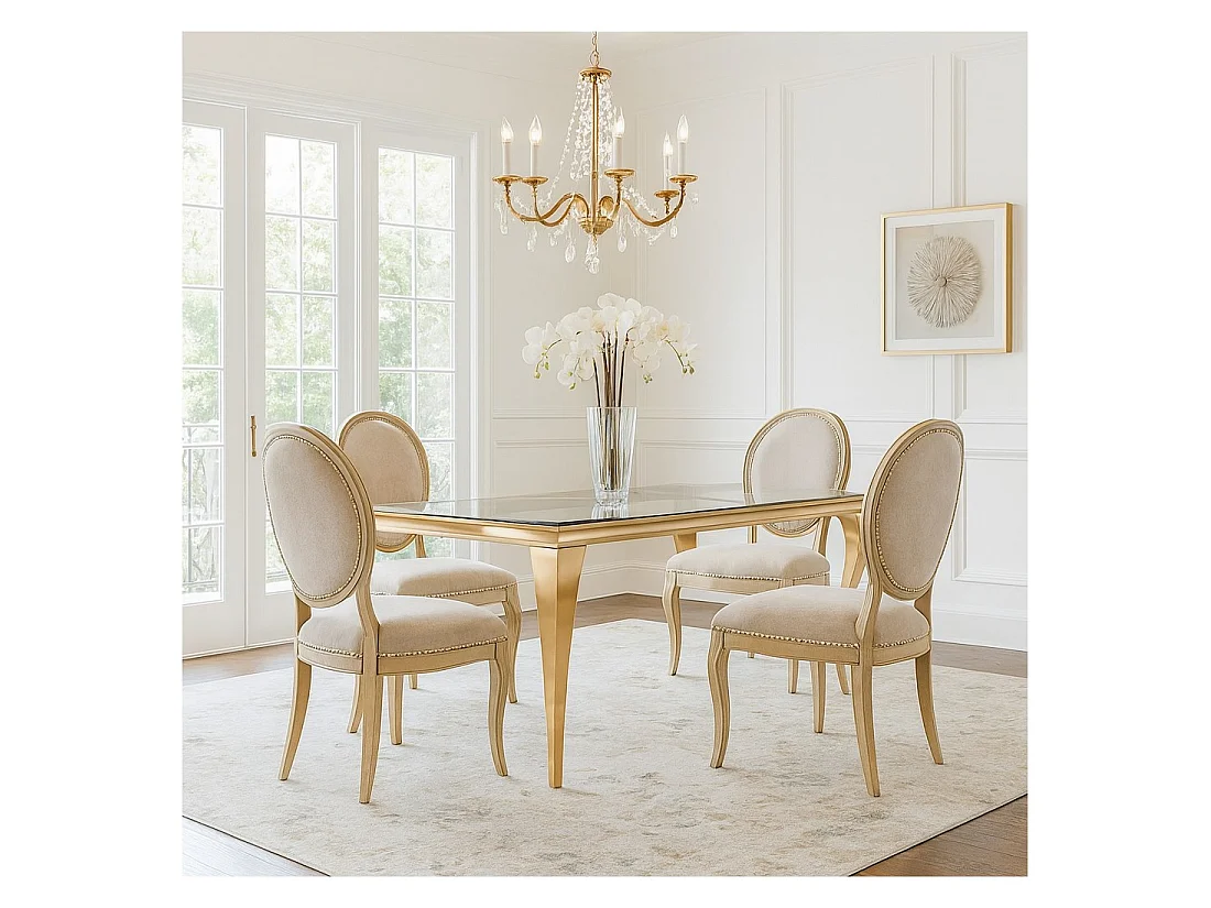 Eettafel VELENA – Rechthoekig 200 cm – Gehard glas en gouden staal – Barokke chique stijl