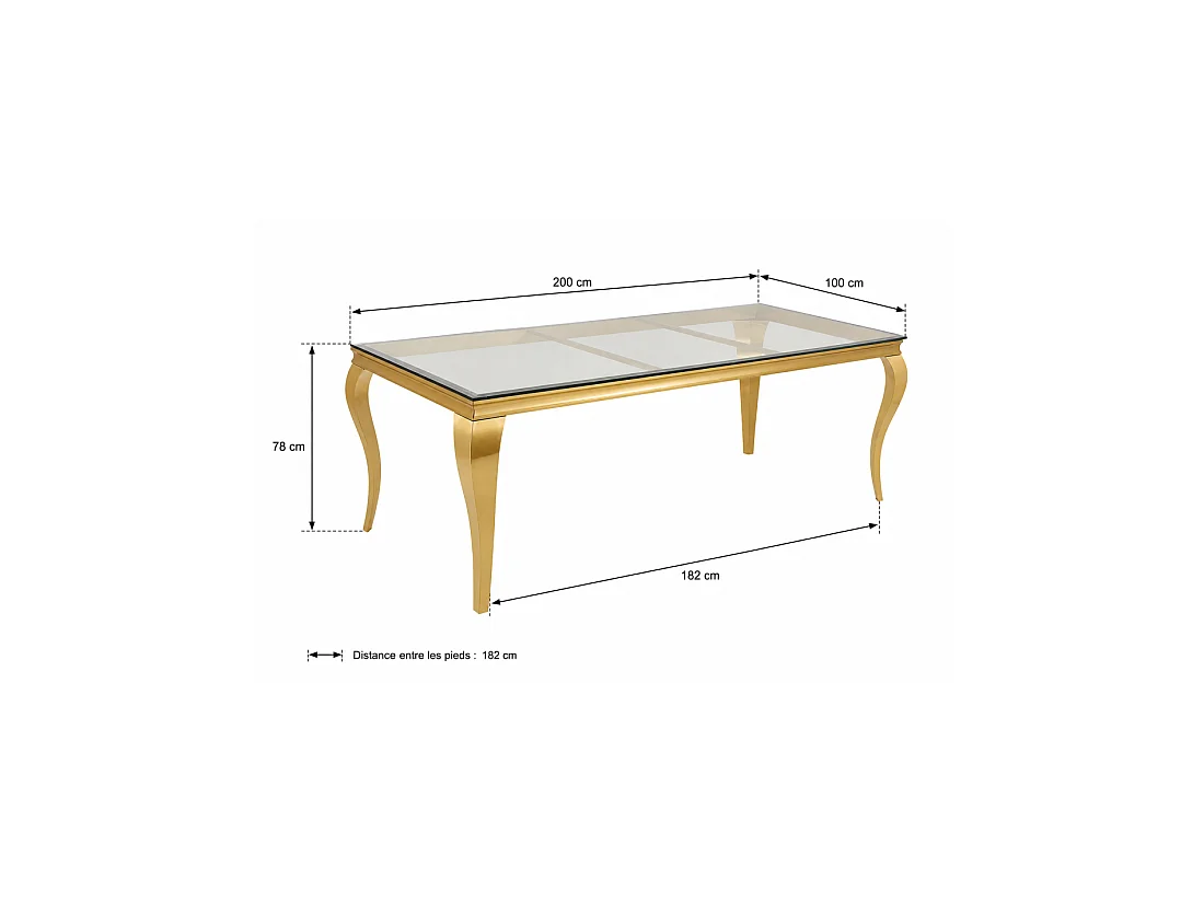 Eettafel VELENA – Rechthoekig 200 cm – Gehard glas en gouden staal – Barokke chique stijl