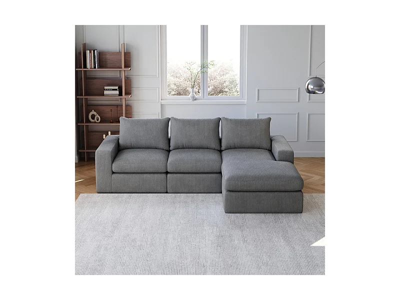 Canapé 3 Places d'angle modulable, en velours côtelé, avec Méridienne réversible, 3 coussins et oreillers cervicaux, Gris anthracite