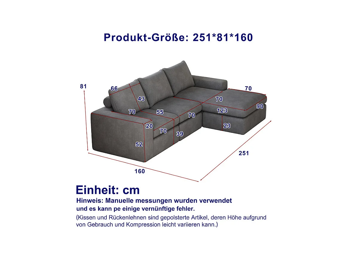 Canapé 3 Places d'angle modulable, en velours côtelé, avec Méridienne réversible, 3 coussins et oreillers cervicaux, Gris anthracite