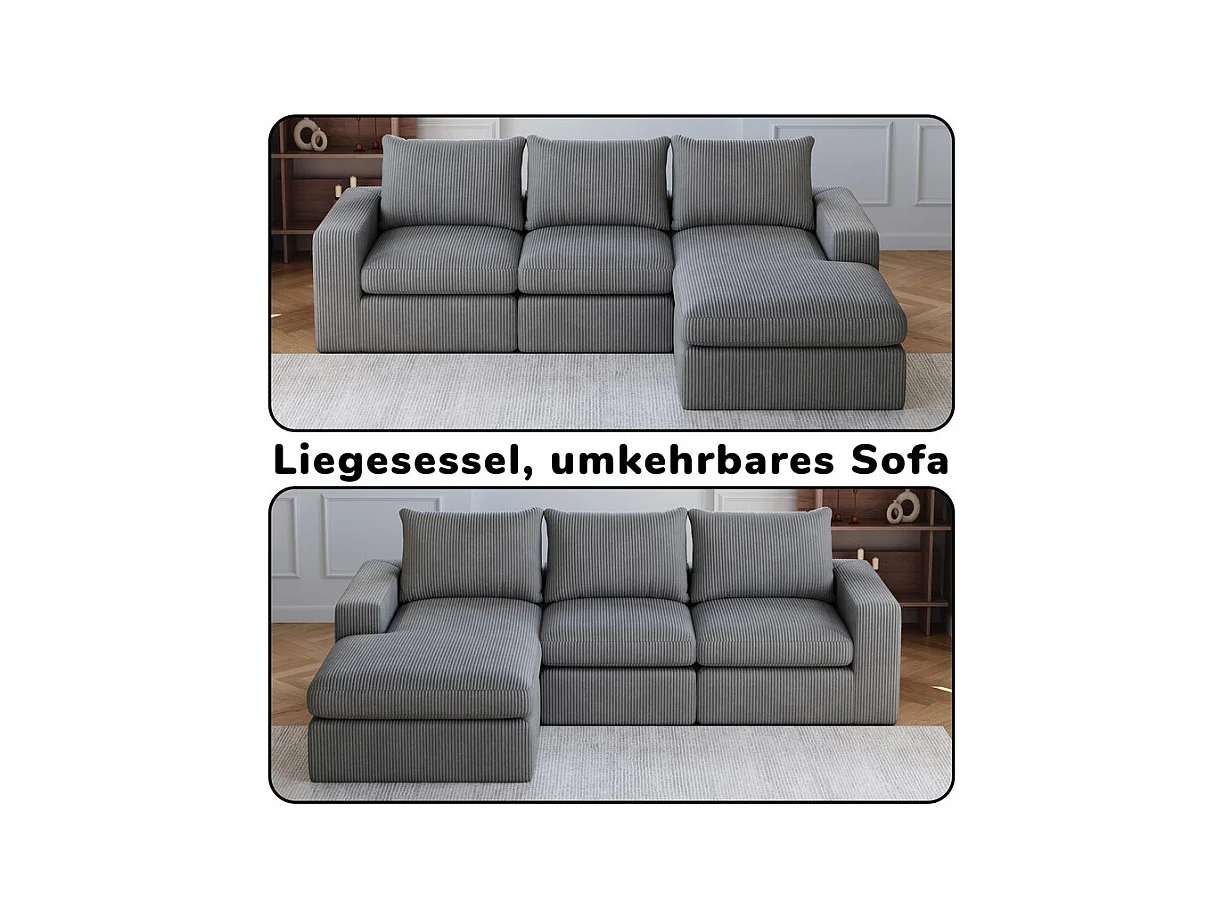 Canapé 3 Places d'angle modulable, en velours côtelé, avec Méridienne réversible, 3 coussins et oreillers cervicaux, Gris anthracite