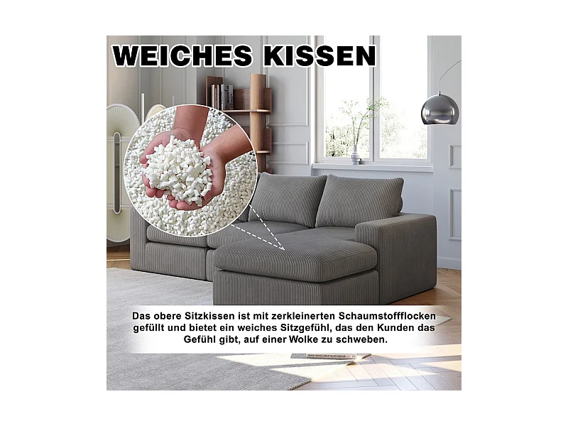 Canapé 3 Places d'angle modulable, en velours côtelé, avec Méridienne réversible, 3 coussins et oreillers cervicaux, Gris anthracite