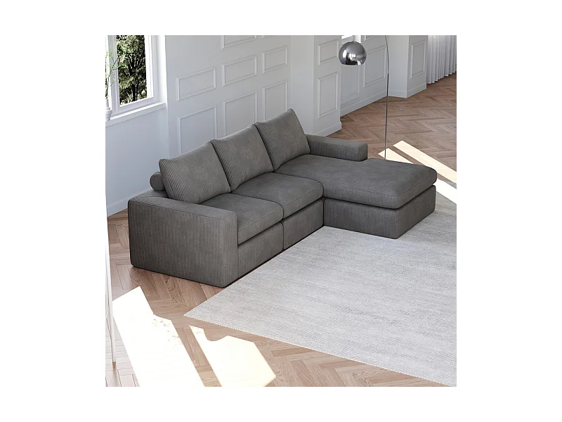 Canapé 3 Places d'angle modulable, en velours côtelé, avec Méridienne réversible, 3 coussins et oreillers cervicaux, Gris anthracite