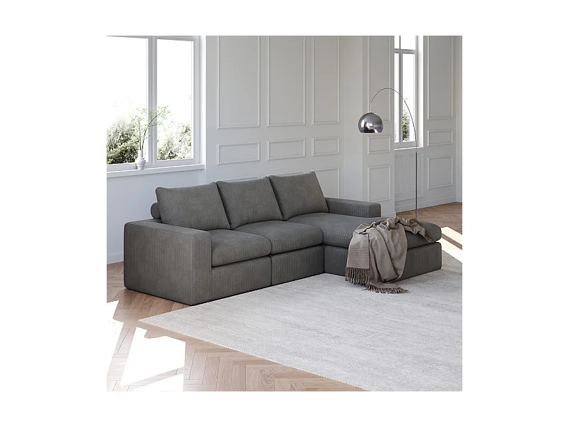 Canapé 3 Places d'angle modulable, en velours côtelé, avec Méridienne réversible, 3 coussins et oreillers cervicaux, Gris anthracite