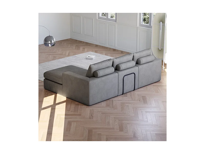 Canapé 3 Places d'angle modulable, en velours côtelé, avec Méridienne réversible, 3 coussins et oreillers cervicaux, Gris anthracite