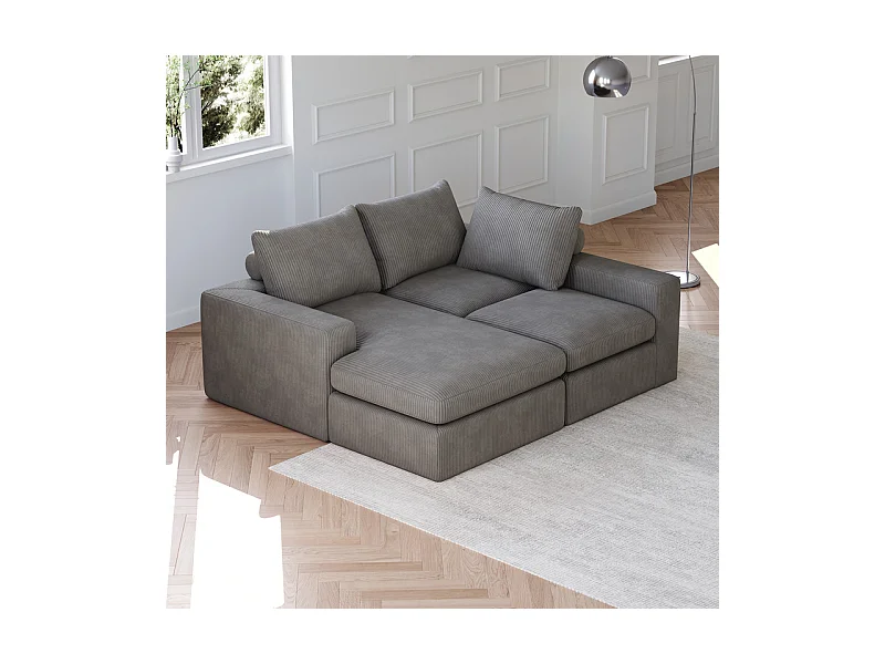 Canapé 3 Places d'angle modulable, en velours côtelé, avec Méridienne réversible, 3 coussins et oreillers cervicaux, Gris anthracite