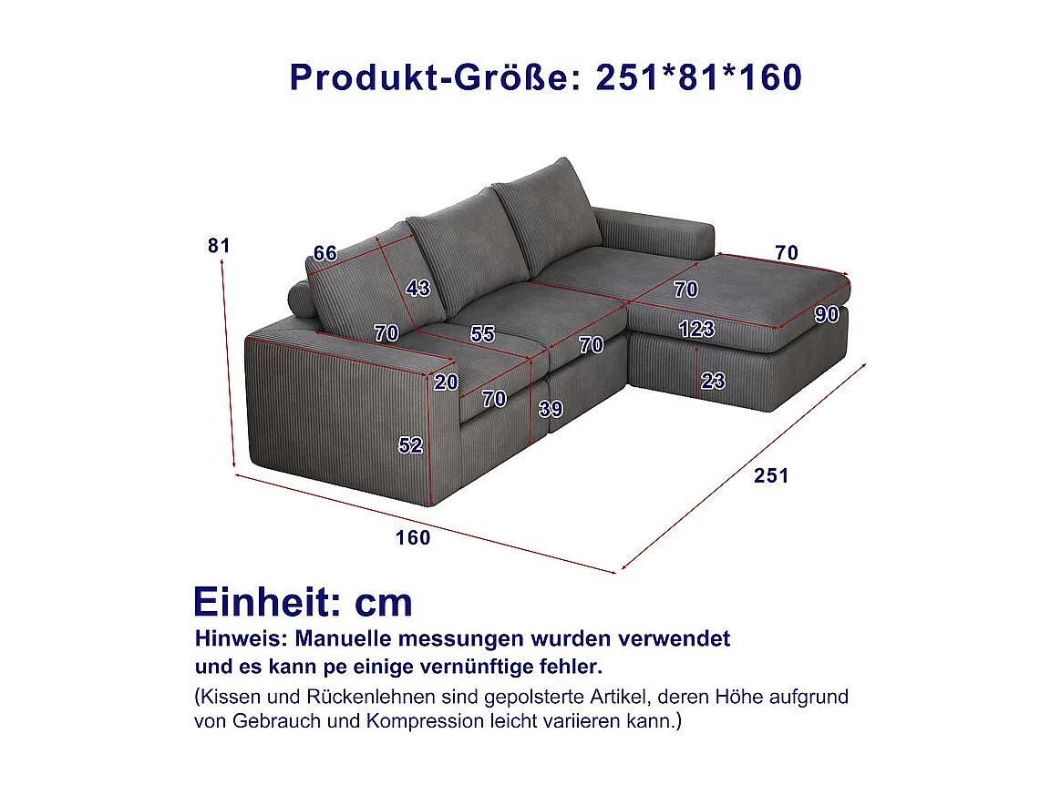 Canapé 3 Places d'angle modulable, en velours côtelé, avec Méridienne réversible, 3 coussins et oreillers cervicaux, Gris anthracite