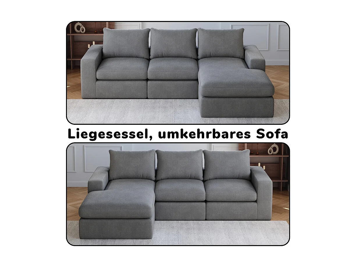 Canapé 3 Places d'angle modulable, en velours côtelé, avec Méridienne réversible, 3 coussins et oreillers cervicaux, Gris anthracite