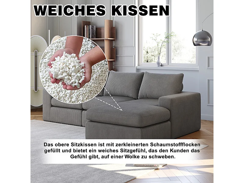 Canapé 3 Places d'angle modulable, en velours côtelé, avec Méridienne réversible, 3 coussins et oreillers cervicaux, Gris anthracite