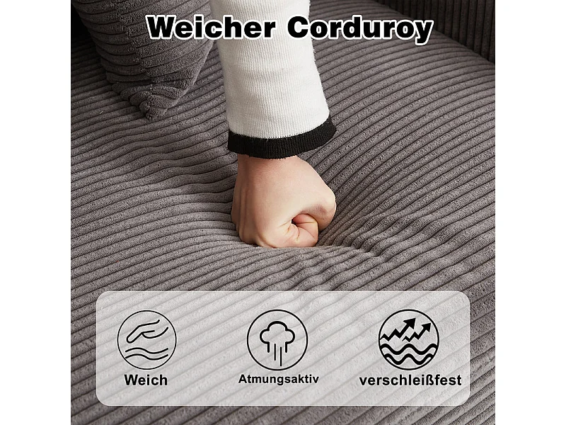 Canapé 3 Places d'angle modulable, en velours côtelé, avec Méridienne réversible, 3 coussins et oreillers cervicaux, Gris anthracite