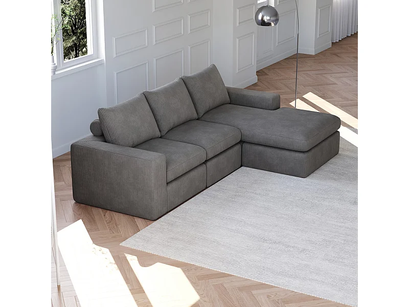 Canapé 3 Places d'angle modulable, en velours côtelé, avec Méridienne réversible, 3 coussins et oreillers cervicaux, Gris anthracite