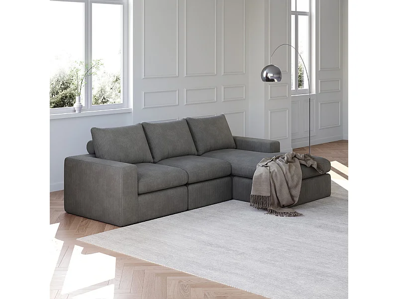 Canapé 3 Places d'angle modulable, en velours côtelé, avec Méridienne réversible, 3 coussins et oreillers cervicaux, Gris anthracite