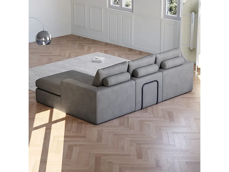 Canapé 3 Places d'angle modulable, en velours côtelé, avec Méridienne réversible, 3 coussins et oreillers cervicaux, Gris anthracite