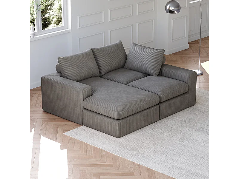 Canapé 3 Places d'angle modulable, en velours côtelé, avec Méridienne réversible, 3 coussins et oreillers cervicaux, Gris anthracite