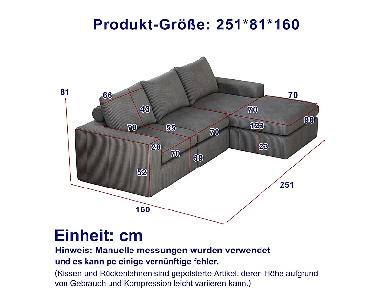 Canapé 3 Places d'angle modulable, en velours côtelé, avec Méridienne réversible, 3 coussins et oreillers cervicaux, Gris anthracite