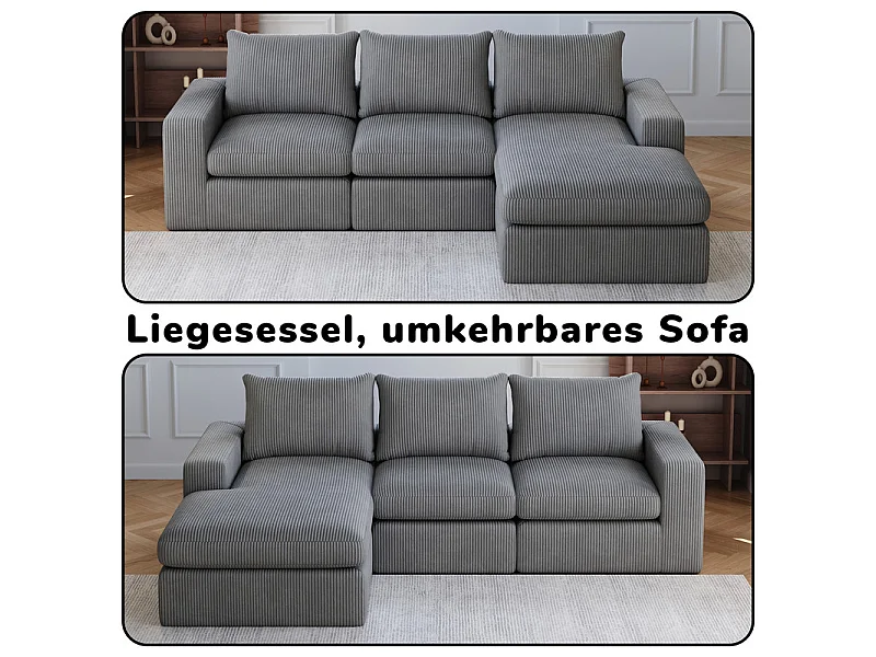 Canapé 3 Places d'angle modulable, en velours côtelé, avec Méridienne réversible, 3 coussins et oreillers cervicaux, Gris anthracite