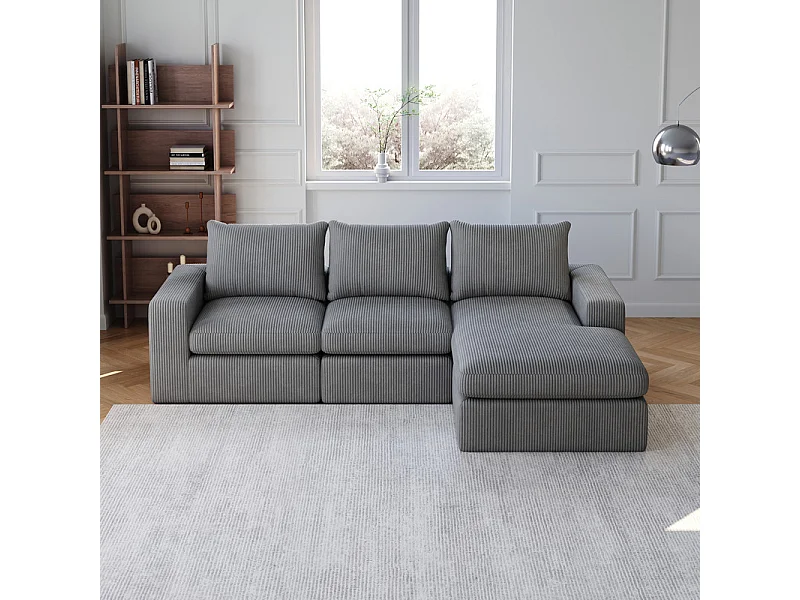 Canapé 3 Places d'angle modulable, en velours côtelé, avec Méridienne réversible, 3 coussins et oreillers cervicaux, Gris anthracite