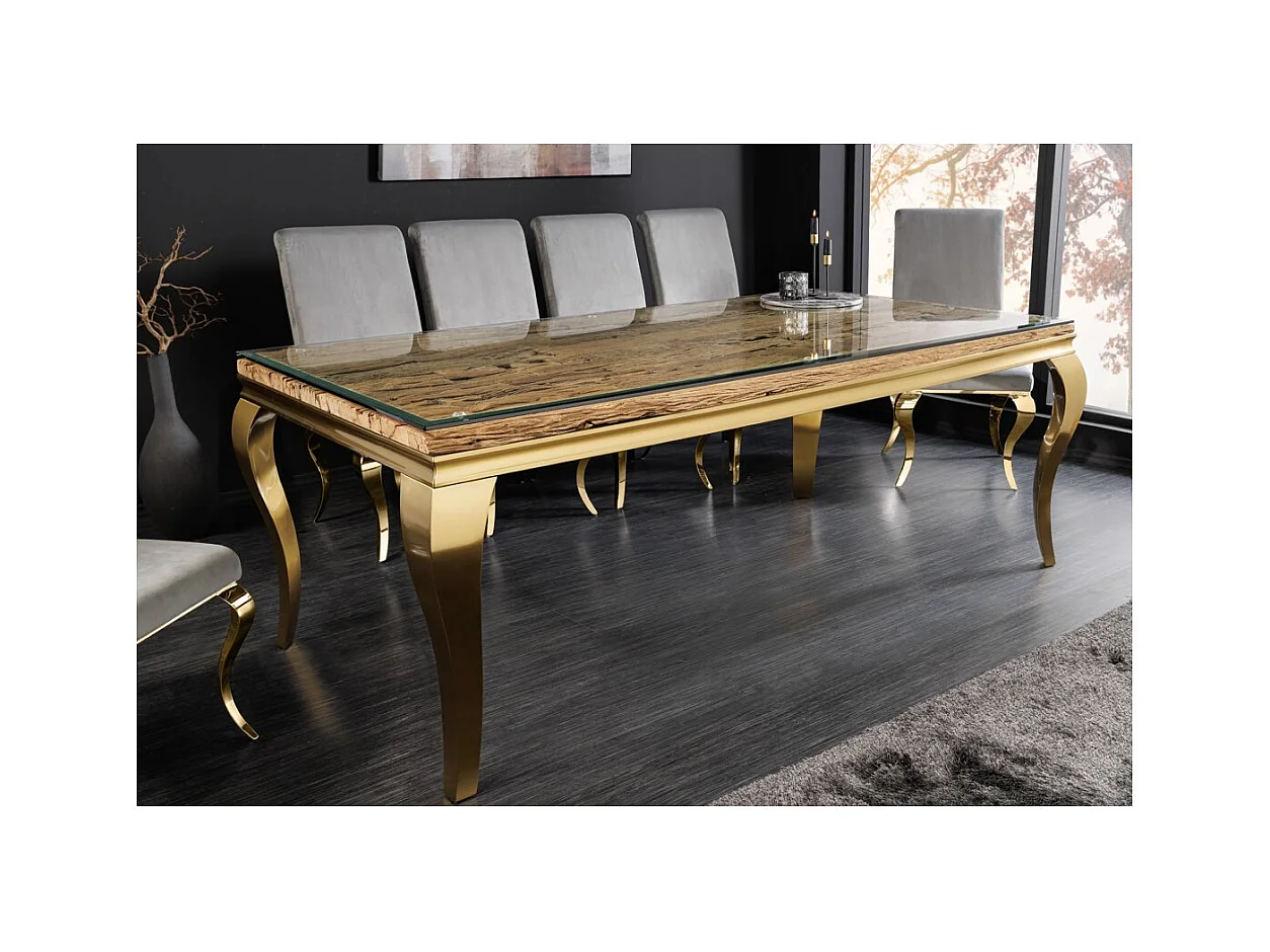 Table de salle à manger VELENA – Rectangulaire 200 cm – Bois de teck, verre et acier doré – Style baroque chic