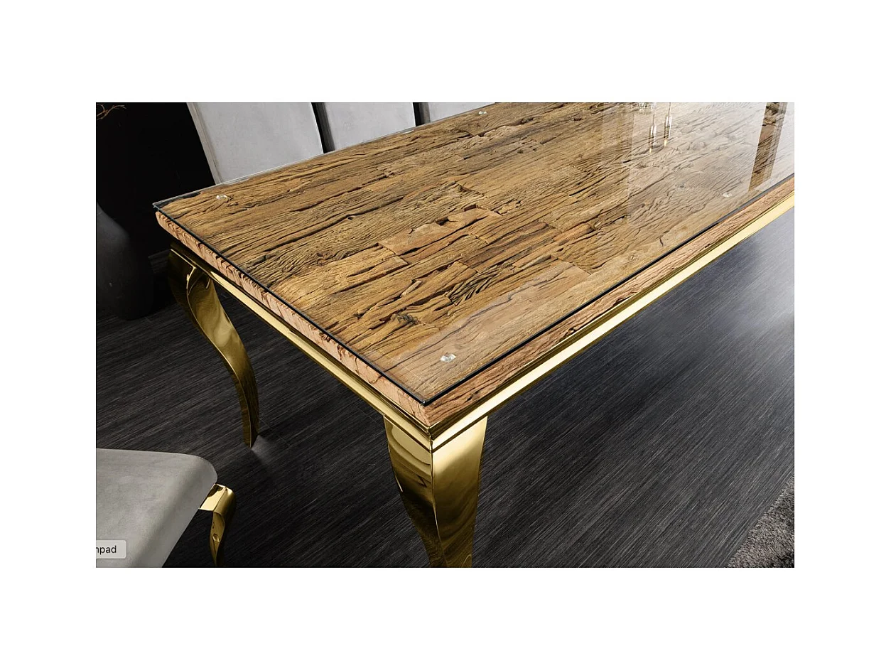Table de salle à manger VELENA – Rectangulaire 200 cm – Bois de teck, verre et acier doré – Style baroque chic