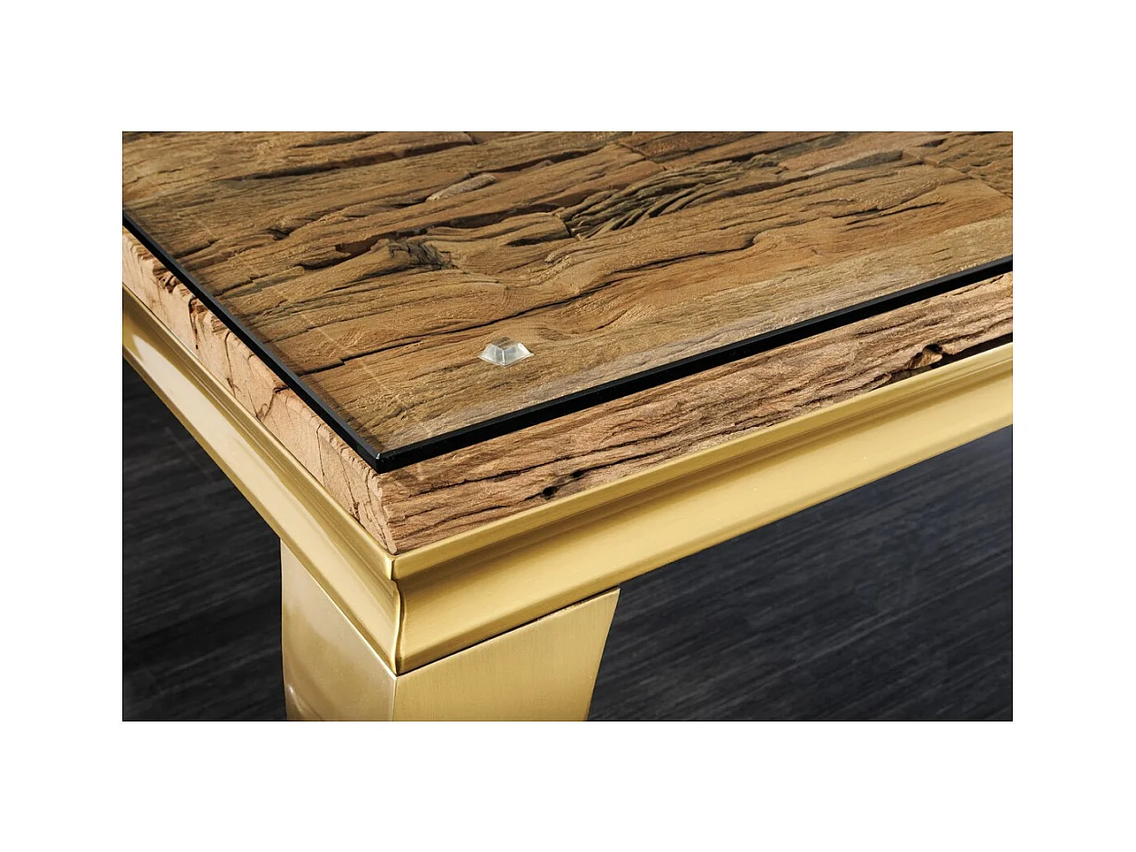 Table de salle à manger VELENA – Rectangulaire 200 cm – Bois de teck, verre et acier doré – Style baroque chic