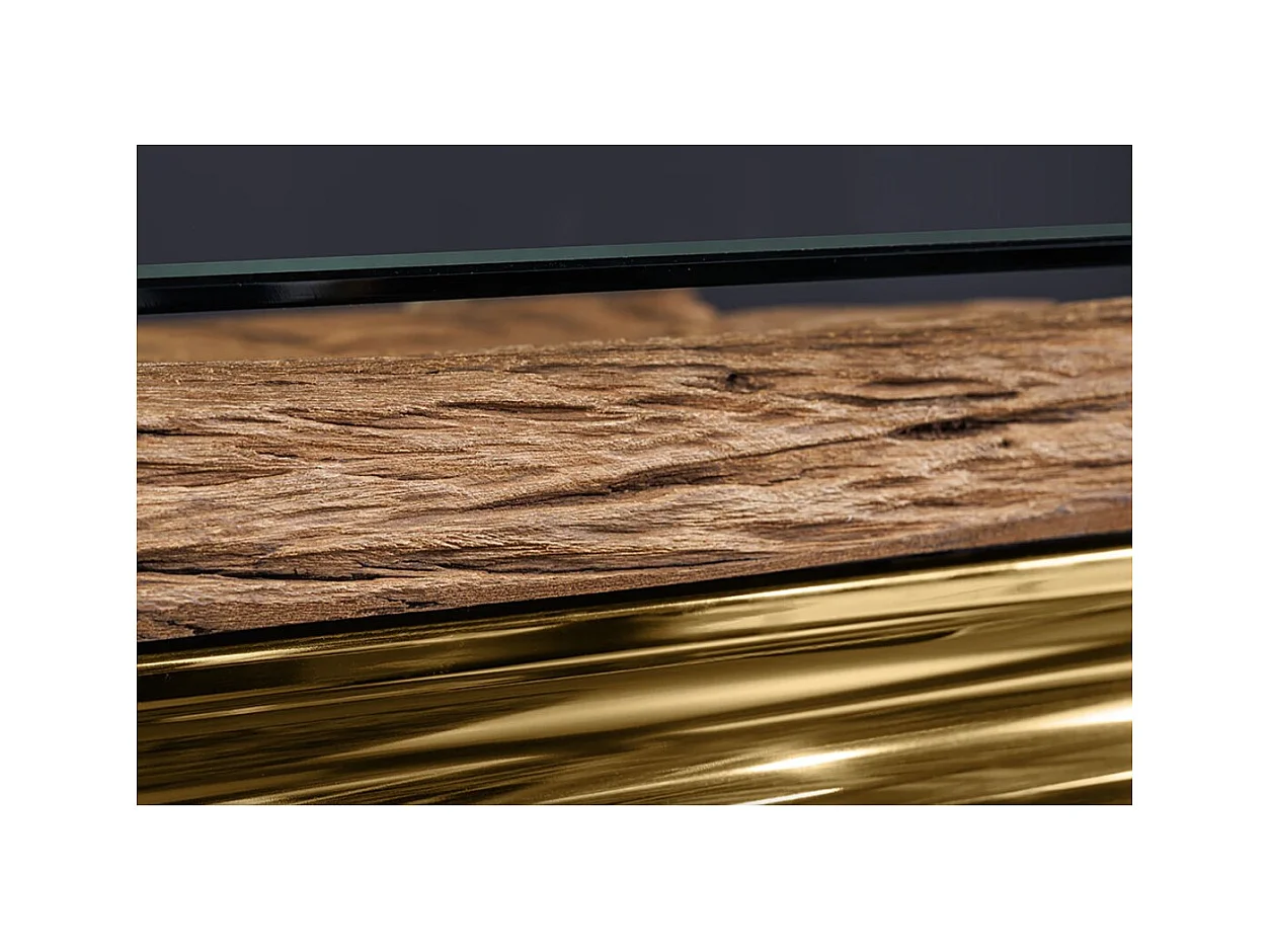 Table de salle à manger VELENA – Rectangulaire 200 cm – Bois de teck, verre et acier doré – Style baroque chic