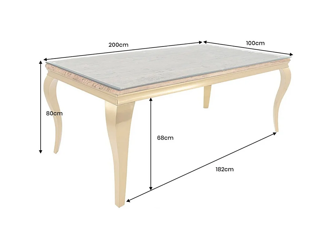 Table de salle à manger VELENA – Rectangulaire 200 cm – Bois de teck, verre et acier doré – Style baroque chic