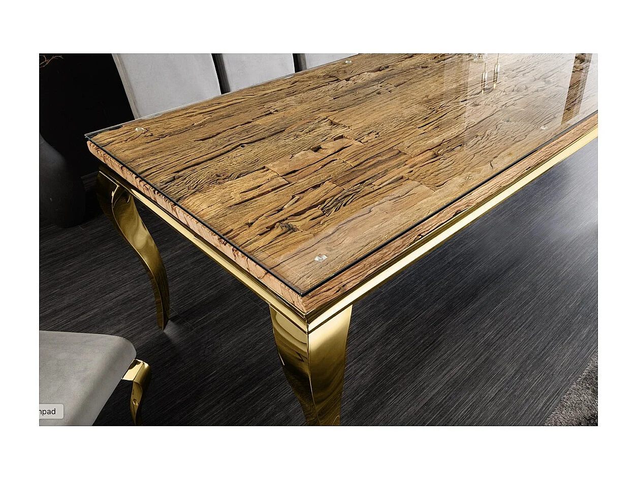 Table de salle à manger VELENA – Rectangulaire 200 cm – Bois de teck, verre et acier doré – Style baroque chic