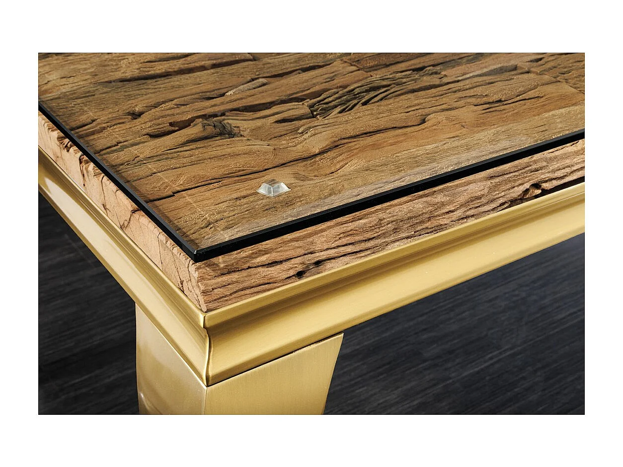 Table de salle à manger VELENA – Rectangulaire 200 cm – Bois de teck, verre et acier doré – Style baroque chic