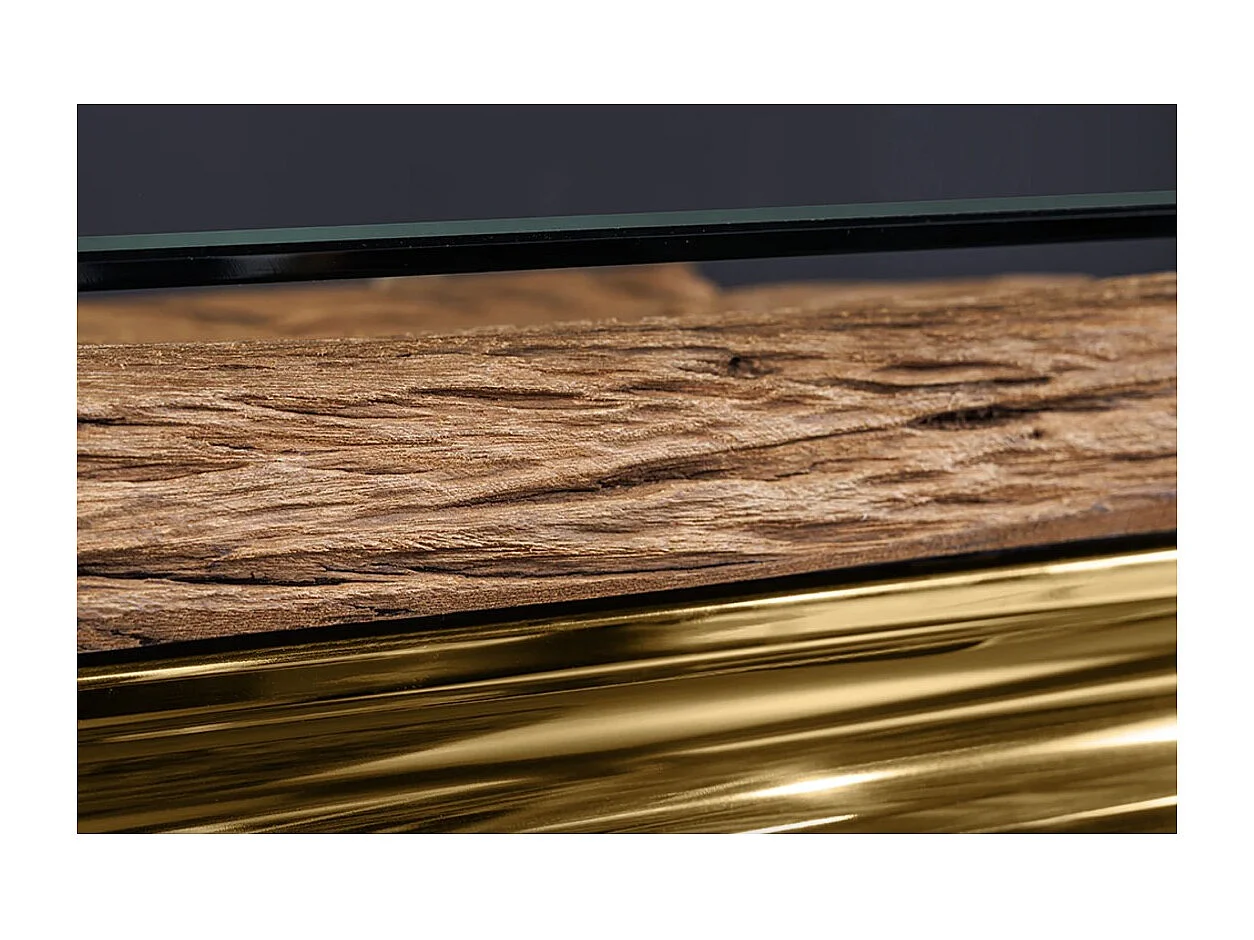 Table de salle à manger VELENA – Rectangulaire 200 cm – Bois de teck, verre et acier doré – Style baroque chic