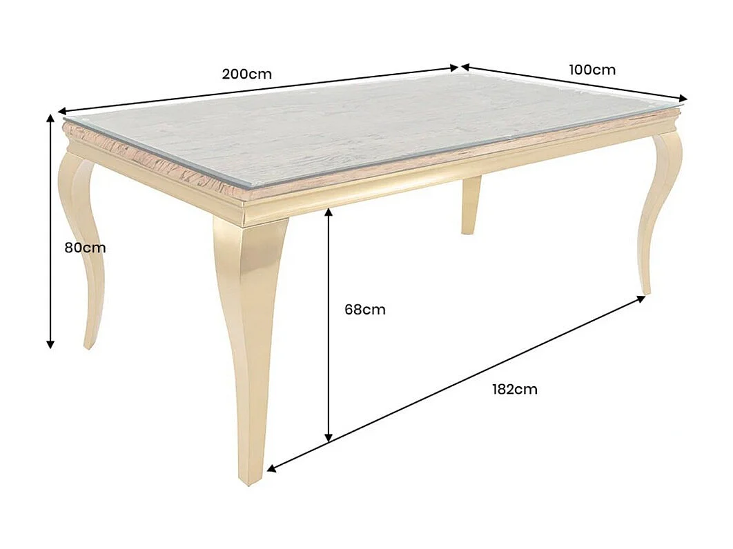 Table de salle à manger VELENA – Rectangulaire 200 cm – Bois de teck, verre et acier doré – Style baroque chic