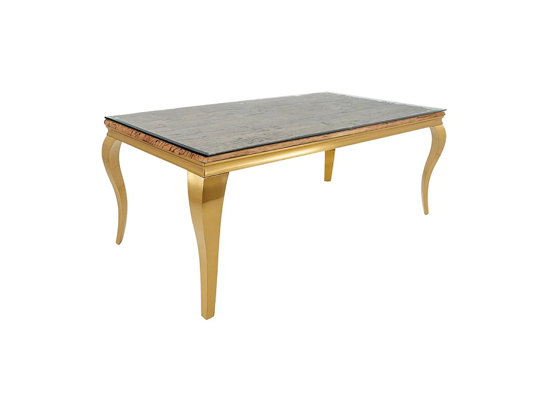 Eettafel VELENA – Rechthoekig 200 cm – Teakhout, glas en goudkleurig staal – Barokke chic stijl