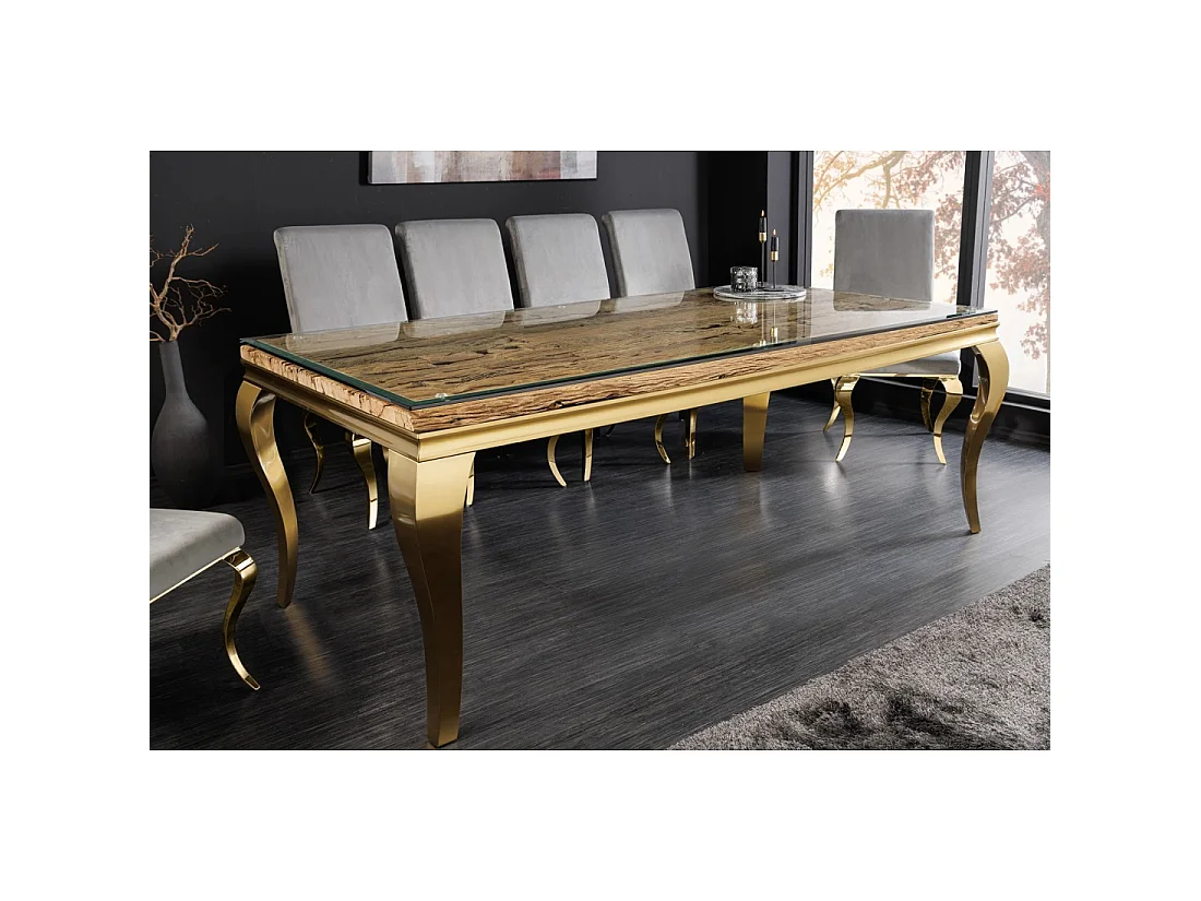 Eettafel VELENA – Rechthoekig 200 cm – Teakhout, glas en goudkleurig staal – Barokke chic stijl