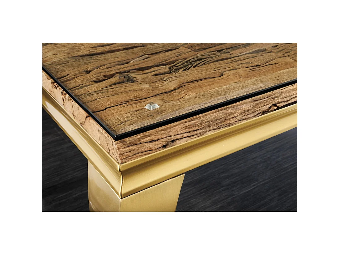 Eettafel VELENA – Rechthoekig 200 cm – Teakhout, glas en goudkleurig staal – Barokke chic stijl