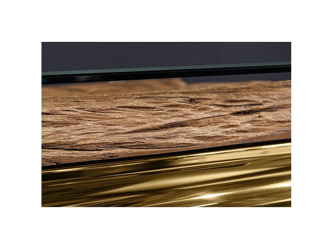 Eettafel VELENA – Rechthoekig 200 cm – Teakhout, glas en goudkleurig staal – Barokke chic stijl