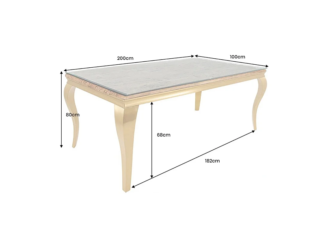 Eettafel VELENA – Rechthoekig 200 cm – Teakhout, glas en goudkleurig staal – Barokke chic stijl