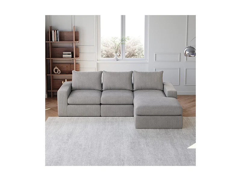 Canapé 3 Places d'angle modulable, en velours côtelé, avec Méridienne réversible, 3 coussins et oreillers cervicaux, Gris clair