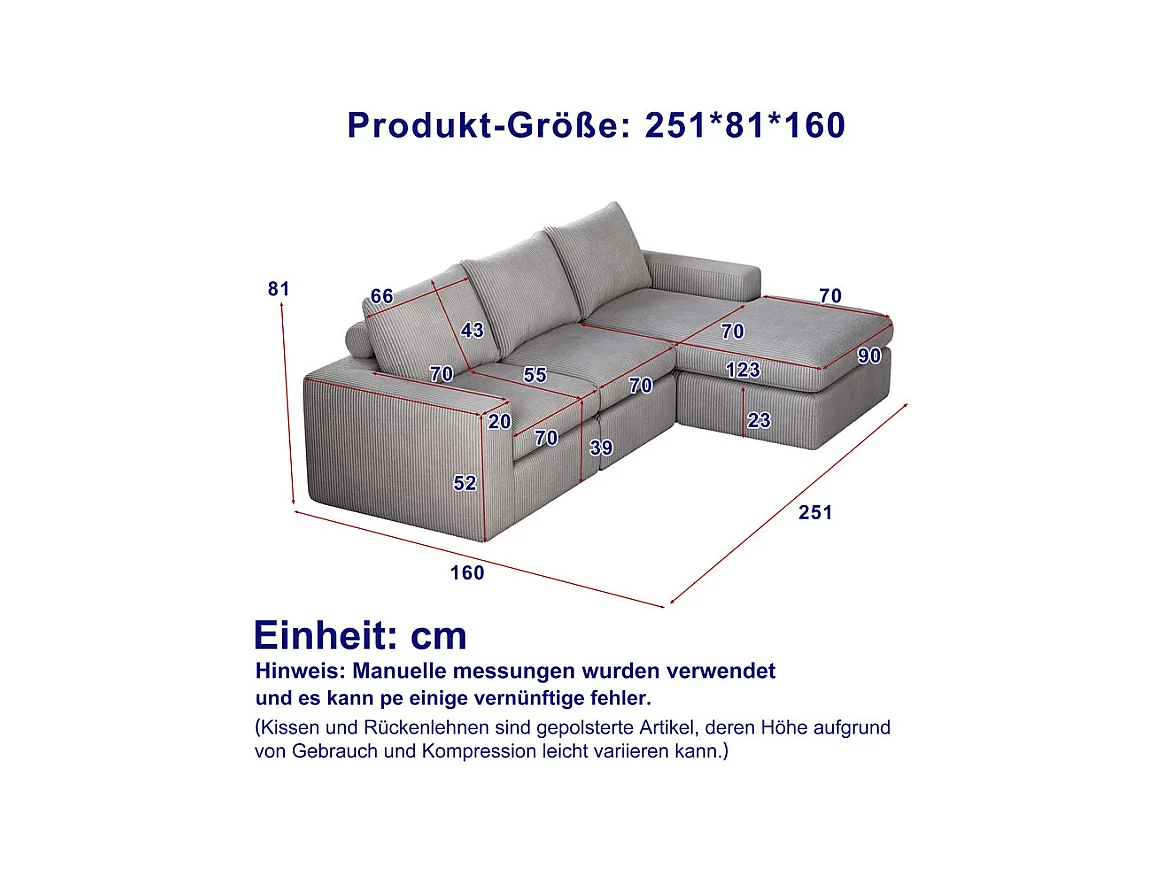 Canapé 3 Places d'angle modulable, en velours côtelé, avec Méridienne réversible, 3 coussins et oreillers cervicaux, Gris clair