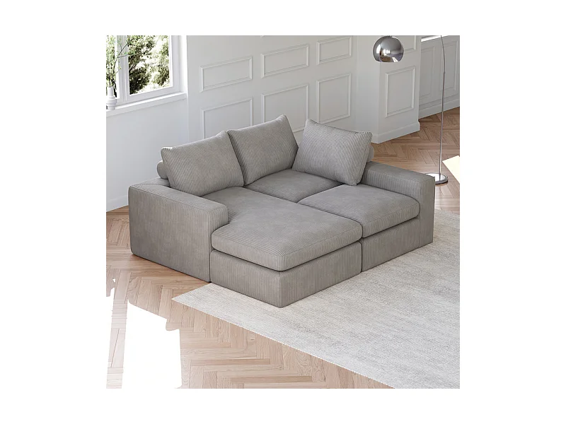 Canapé 3 Places d'angle modulable, en velours côtelé, avec Méridienne réversible, 3 coussins et oreillers cervicaux, Gris clair