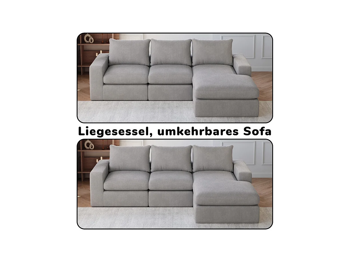 Canapé 3 Places d'angle modulable, en velours côtelé, avec Méridienne réversible, 3 coussins et oreillers cervicaux, Gris clair