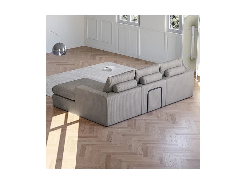 Canapé 3 Places d'angle modulable, en velours côtelé, avec Méridienne réversible, 3 coussins et oreillers cervicaux, Gris clair