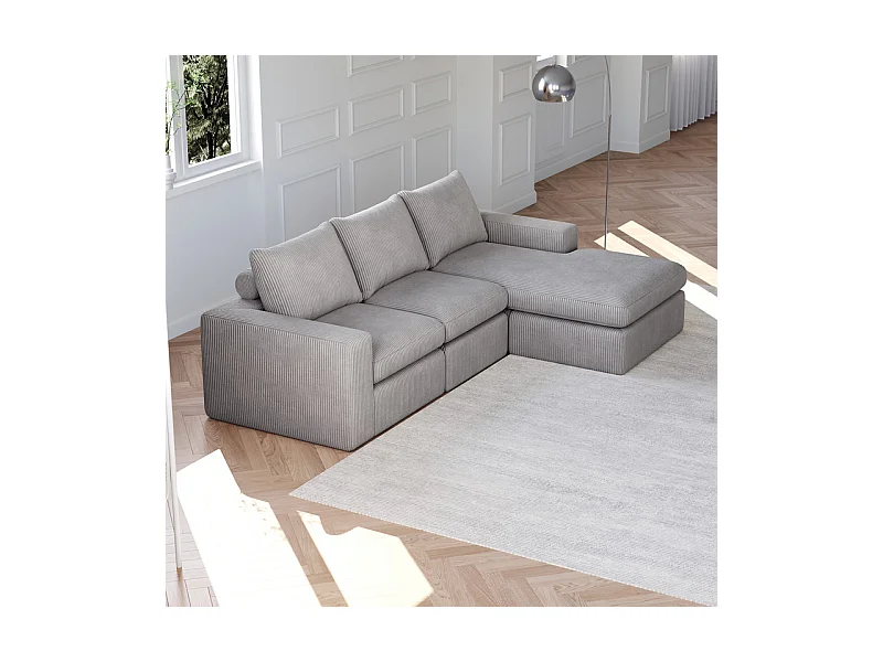 Canapé 3 Places d'angle modulable, en velours côtelé, avec Méridienne réversible, 3 coussins et oreillers cervicaux, Gris clair