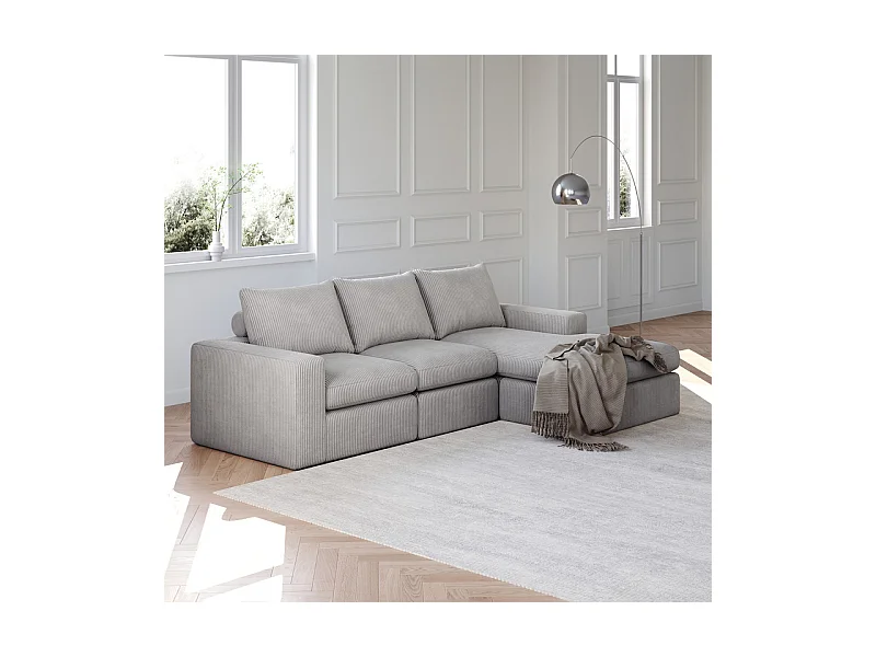 Canapé 3 Places d'angle modulable, en velours côtelé, avec Méridienne réversible, 3 coussins et oreillers cervicaux, Gris clair