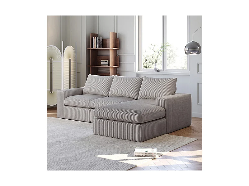 Canapé 3 Places d'angle modulable, en velours côtelé, avec Méridienne réversible, 3 coussins et oreillers cervicaux, Gris clair