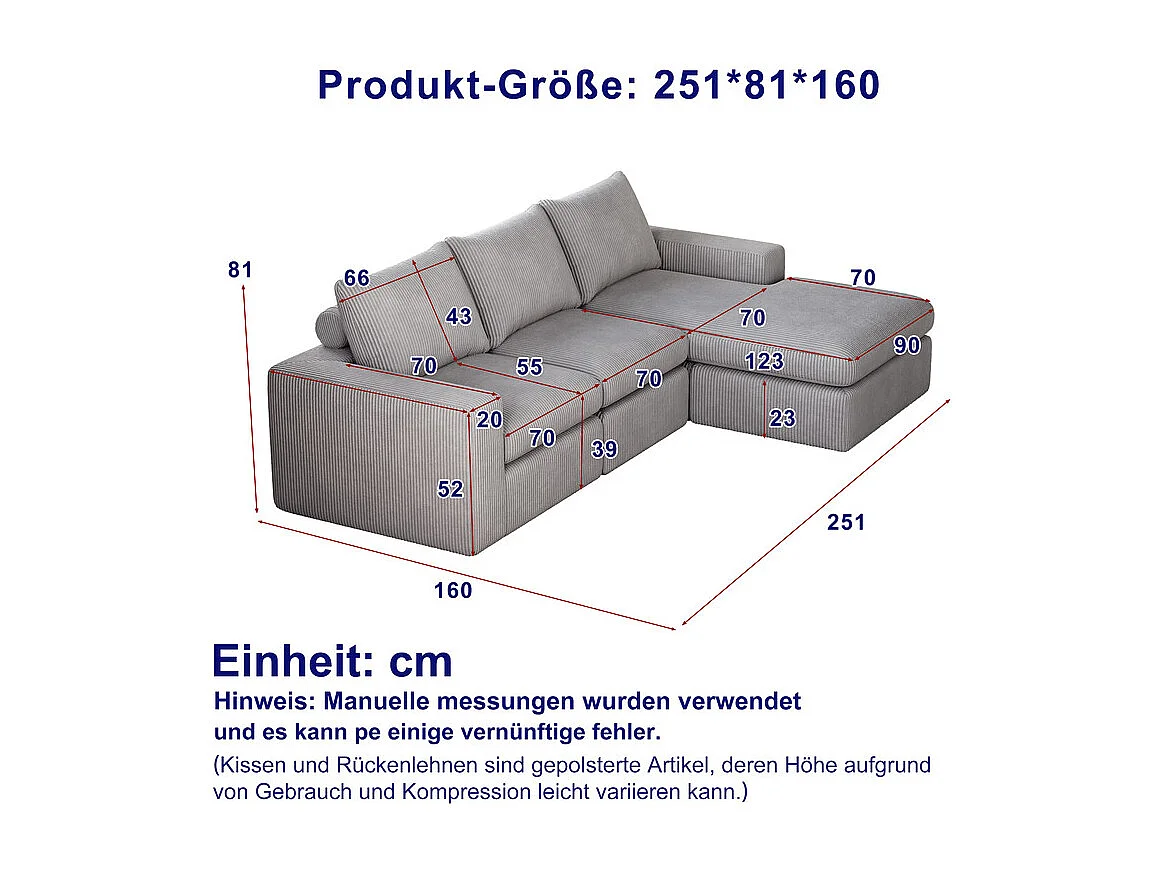 Canapé 3 Places d'angle modulable, en velours côtelé, avec Méridienne réversible, 3 coussins et oreillers cervicaux, Gris clair