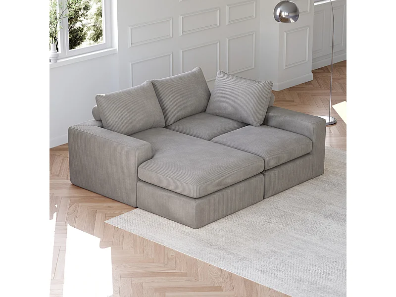 Canapé 3 Places d'angle modulable, en velours côtelé, avec Méridienne réversible, 3 coussins et oreillers cervicaux, Gris clair