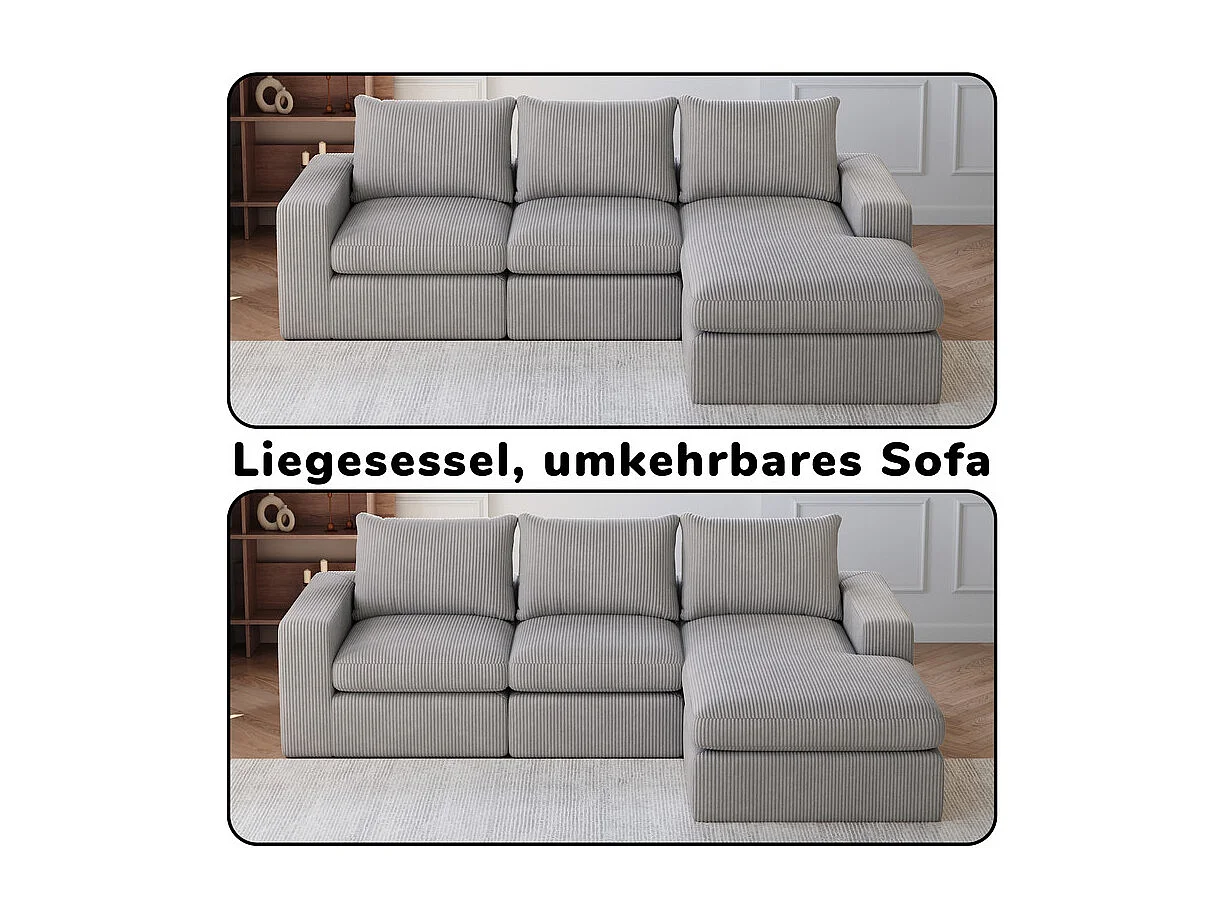 Canapé 3 Places d'angle modulable, en velours côtelé, avec Méridienne réversible, 3 coussins et oreillers cervicaux, Gris clair