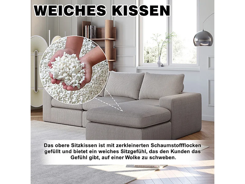 Canapé 3 Places d'angle modulable, en velours côtelé, avec Méridienne réversible, 3 coussins et oreillers cervicaux, Gris clair