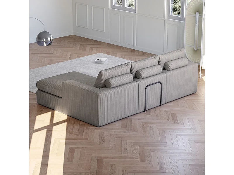 Canapé 3 Places d'angle modulable, en velours côtelé, avec Méridienne réversible, 3 coussins et oreillers cervicaux, Gris clair