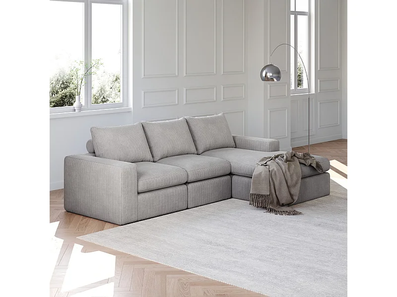 Canapé 3 Places d'angle modulable, en velours côtelé, avec Méridienne réversible, 3 coussins et oreillers cervicaux, Gris clair