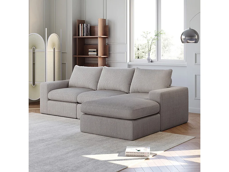 Canapé 3 Places d'angle modulable, en velours côtelé, avec Méridienne réversible, 3 coussins et oreillers cervicaux, Gris clair